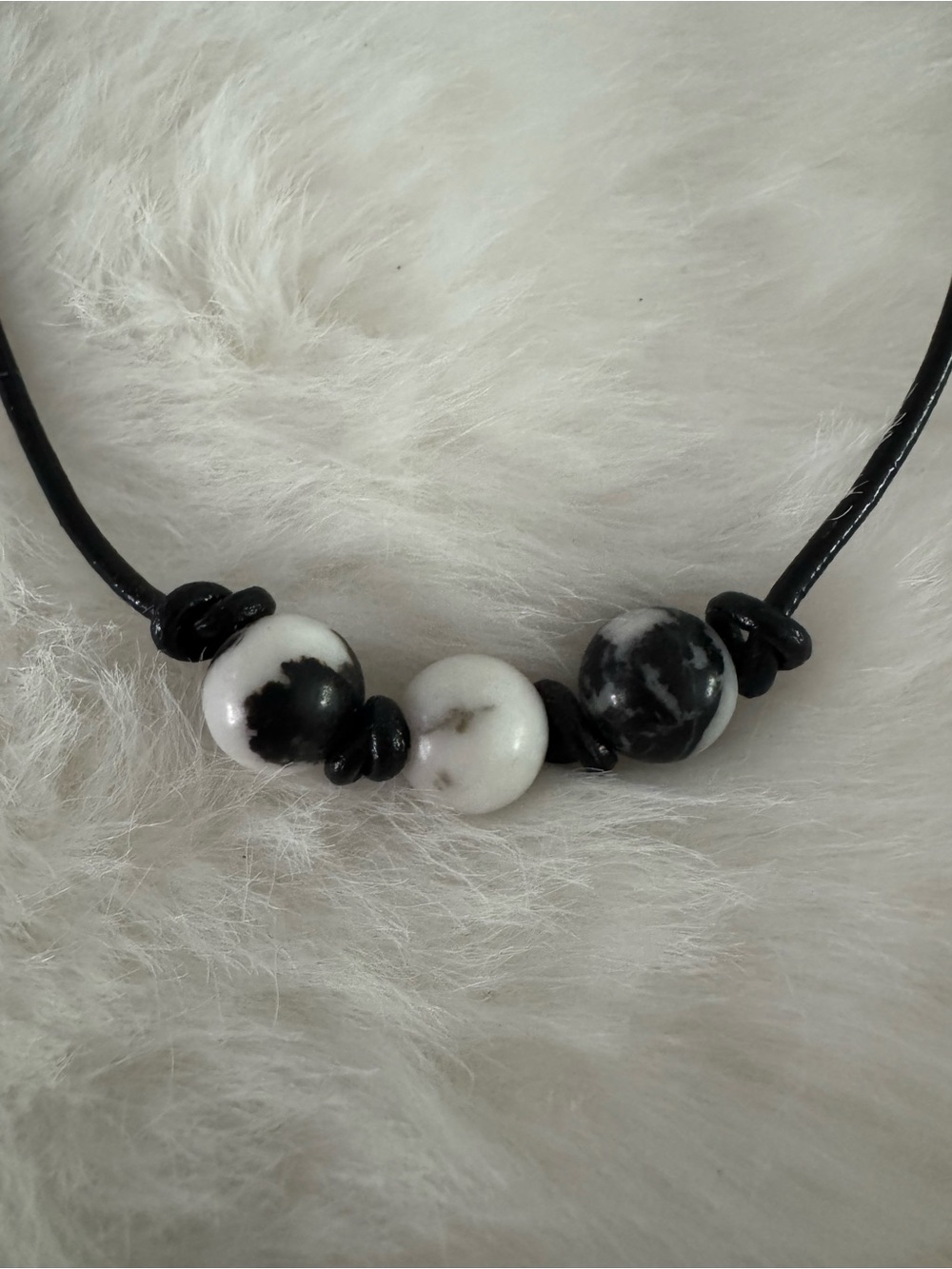 Black and White Beaded Leather Necklace - Adjustable